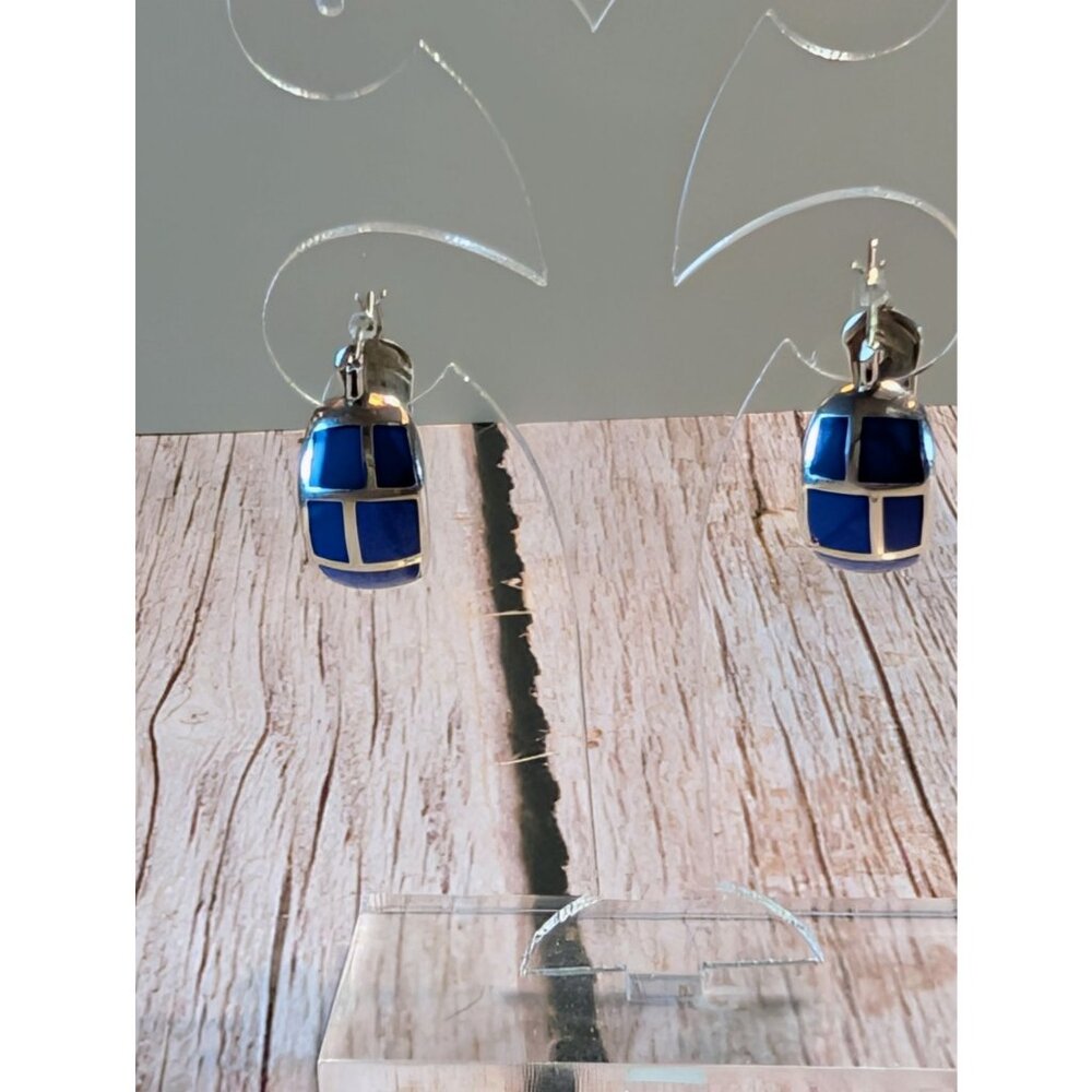Silver Hoop Earrings With Blue Lapis Inlay For Women